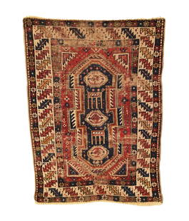 Antique Caucasian Shirvan Small Rug 3'4 x 4'6: This antique Caucasian Shirvan rug was woven in the mid to late 19th Century and features a classic, yet rare keyhole design. The captivating surrounding serrated leaf border adds focus to the deep