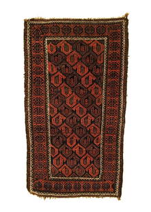 Antique Baluch Small Rug 2'6 x 4'6: This Antique Baluch rug was woven in the late 19th Century. It features an all over leaf boteh tree motif design on a dark brown background. The use of alternating colors in a diagonal pattern