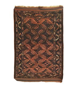 Antique Turkmen Yomud Small Rug 3'1 x 4'8: This antique Turkmen small rug was woven in the late 19th Century. It features a nice rendering of the 'Dyrnak' motif which are comprised of diamonds outlined with bird heads in opposite color