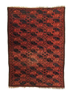 Antique Turkmen Ersari Rug 4'7 x 6'4: This Antique Turkmen Ersari rug was woven in the late 19th Century in Central Asia by the Turkmen artisans. The size is considered a small main carpet. This piece features 3 x 9 'Tauk-Nuska' gul