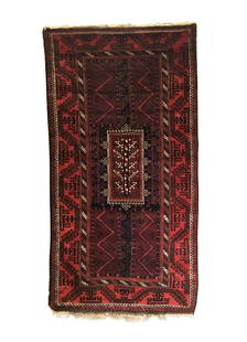 Antique Afghan Baluch Long Rug 3'9 x 6'10: This Antique Timuri Baluch long rug was woven in the late 19th Century. It features a rectangular medallion outlined with ivory crenelations enclosing a multi-colored tree. It is finished with a