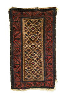 Antique Baluch Small Rug 3'1 x 5'4: This Antique Baluch small rug was woven in the mid to late 19th Century. It encompasses a golden camel field background featuring a lattice of indigo and madder red palmettes surrounded by leaf