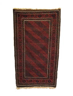 Antique Persian Baluch Rug 3'2 x 5'6: This Antique Persian Baluch rug was woven in the late 19th Century. It features a unique rendition of a diagonal lattice design with diamond medallions enclosing mini trees with opposing bird heads.