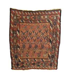 Antique Persian Kurdish Rug 3'4 x 3'10: This antique Kurdish rug was woven in the mid to late 19th Century and features a vibrant array of blossoming flowers and tendrils. All surrounded by a colorful diamond and star border. Great accent