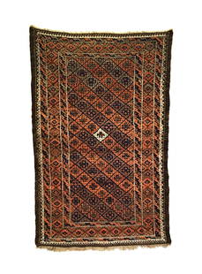 Antique Afghan Baluch Small Rug 2'9 x 4'2: This Antique Baluch rug was woven in the late 19th Century. It features an all over diagonal diamond lattice field design enclosing crosses with a central ivory focal point. The use of fine detail