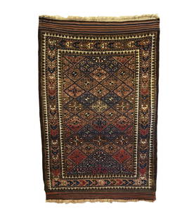 Antique Afghan Baluch Small Rug 3'0 x 4'8: This Antique Timuri Baluch rug was woven in the late 19th Century. It features an all over diagonal diamond lattice field design enclosing bird head crosses. The use of fine detail and coloration is