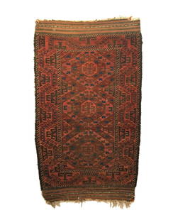 Antique Baluch Small Rug 3'1 x 5'3: This antique Baluch rug was woven in the late 19th Century by the Chakhansur artisans. It features three central hexagonal curled bird head medallions that are surrounded by three alternating