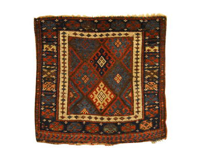 Antique Persian Kurdish Square Rug 1'10 x 1'9: This antique Persian Kurdish (bagface) small square rug was woven in the late 19th Century with a classic 'Jaf/Jaff' style weave. This piece features diamonds formed from bird/latch-hook ornaments