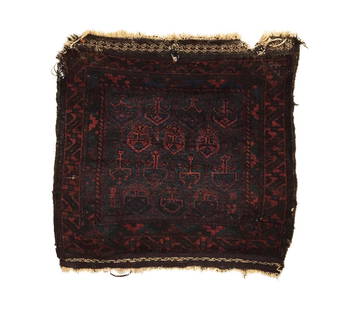 Antique Afghan Baluch Square Rug 2'1 x 2'1: This antique Timuri Baluch bag face small rug was woven in the late 19th Century. It features fourteen hexagonal medallion enclosing tree motifs floating on a dark green background. It is finished