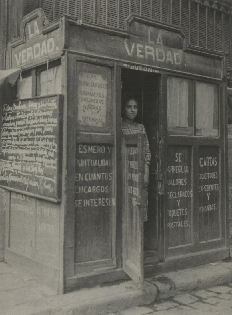 HARRIET CHALMERS ADAMS - Writer: Artist: Harriet Chalmers Adams Title: Writer's Booth, Spain, 1929 Medium: Photo Litho, 2000, USA Dimensions: 8.05x10.9" Heat Wax Mounted on 12x16" Conservation Board Harriet Chalmers Adams (1875 - 193