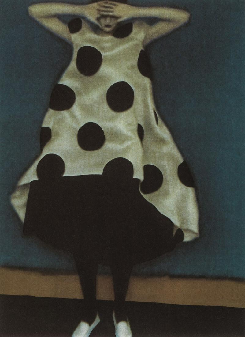 SARAH MOON - The Dotted Dress: Artist: Sarah Moon Title: The Dotted Dress Medium: Photo Litho, 2001, Italy Dimensions: 6.3x8.65"Heat Wax Mounted on 11x14" Conservation Board Sarah Moon (1941) previously known as Marielle Warin, is