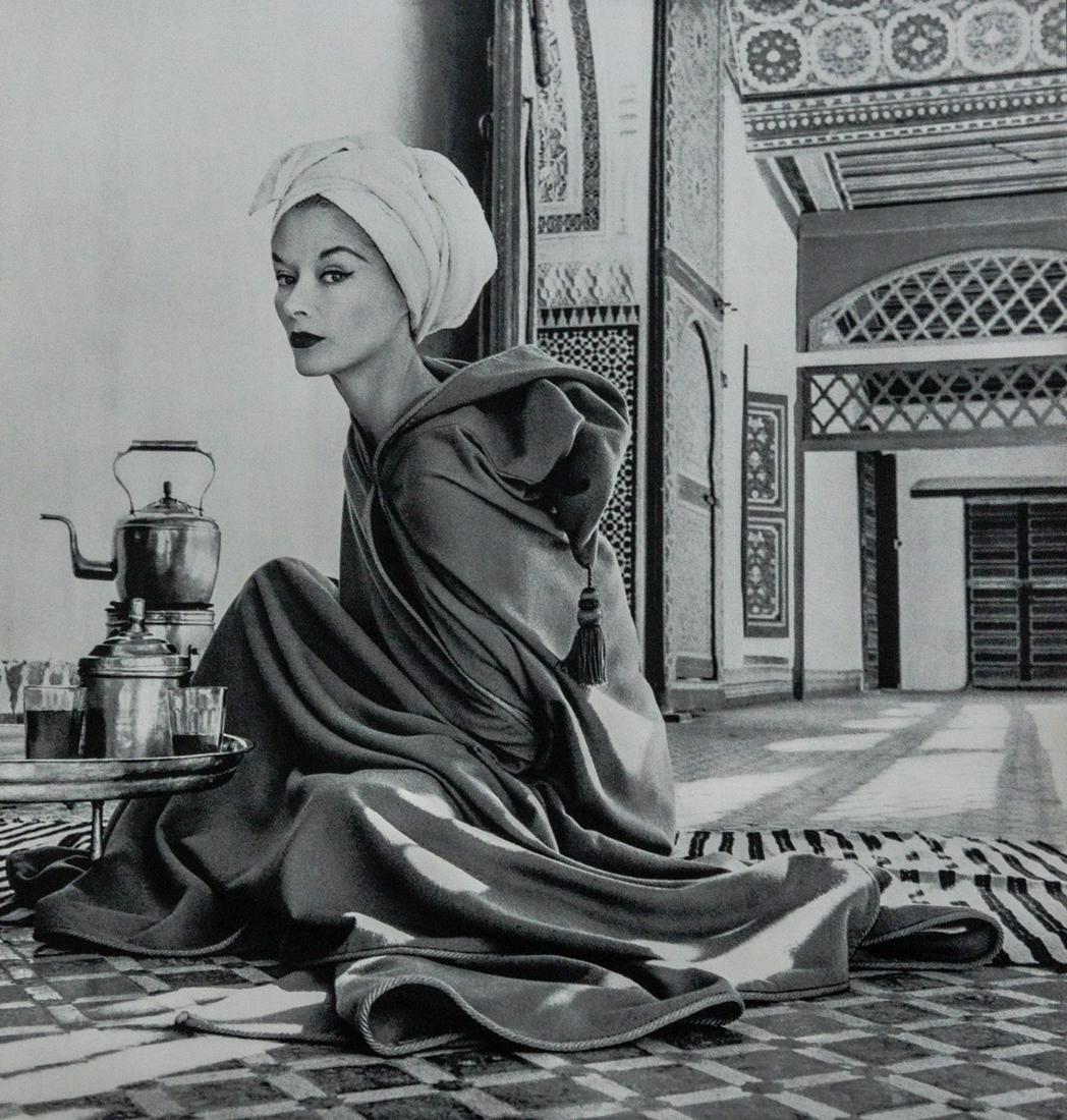IRVING PENN - Lisa Fonssagrives Penn, La Babia Palace: Artist: Irving Penn Title: Lisa Fonssagrives Penn, La Babia Palace, Marrakesh Medium: Photo Litho, 1960, Switzerland Dimensions: 9.3x9.25" Heat Wax Mounted on 12x16" Conservation Board Irving Penn (19