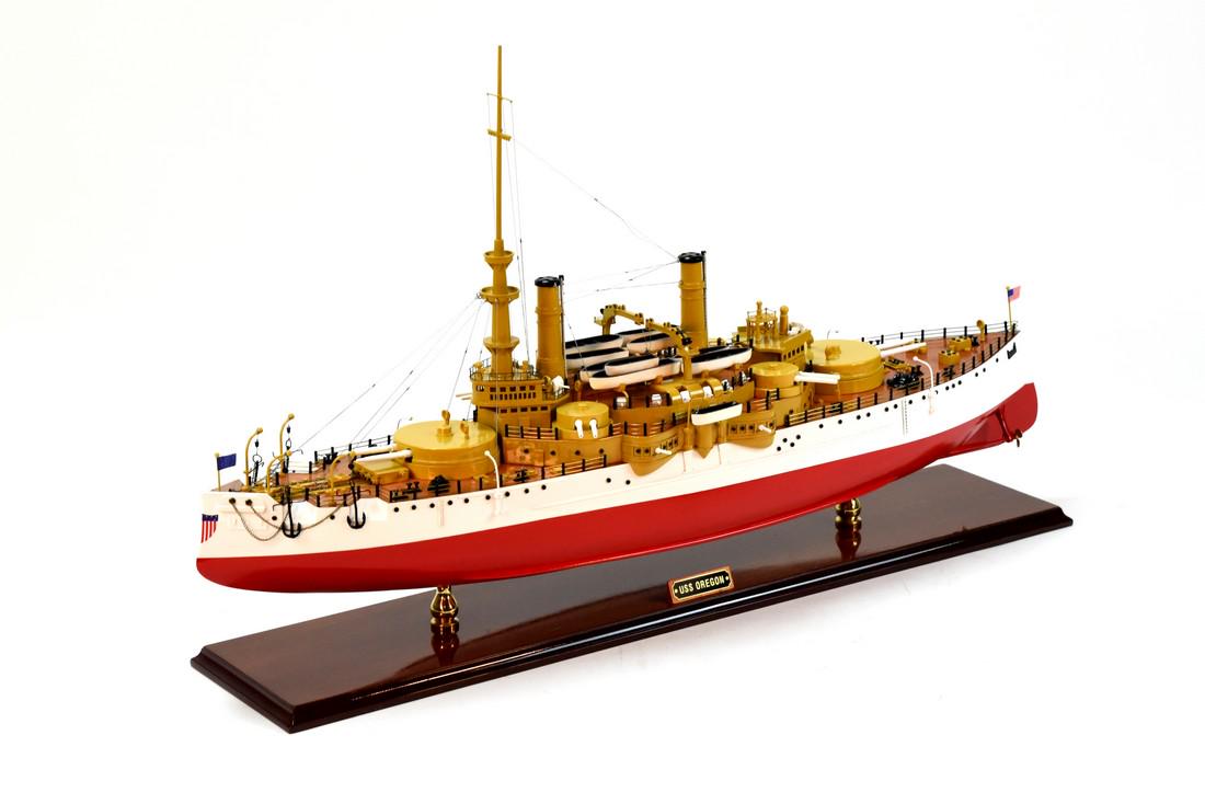 USS Oregon BB-3: Dimension approx.: 34 inch L x 8.5 inch W x 20 inch H Scale 1/125; This museum quality model is already built, NOT a model ship kit; Handcrafted by artisans from scratch using finest woods & material