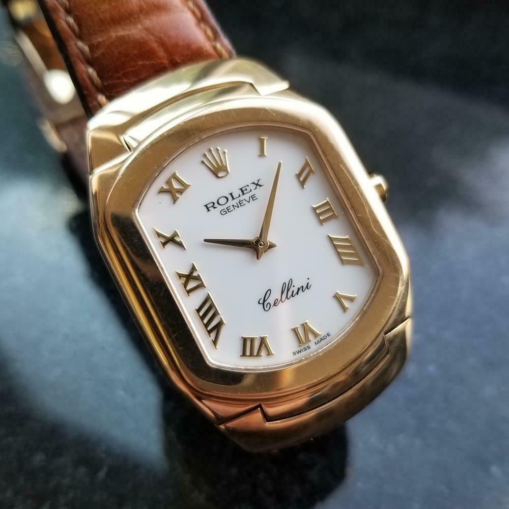ROLEX Men: Luxurious elegance, men's 18k solid gold Rolex Cellini Geneve 6633 quartz, c.1991, all original. Verified authentic by a master watchmaker. Gorgeous white Rolex signed dial, applied gold Roman numeral