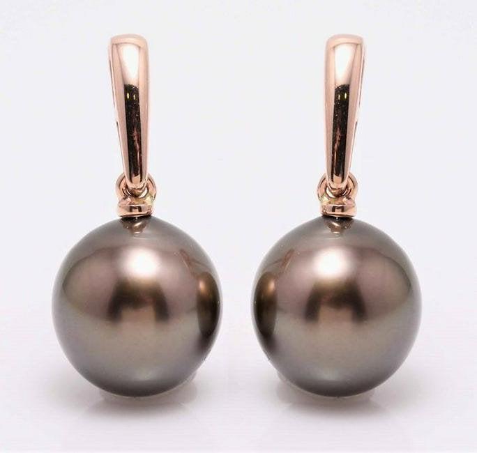 14 kt. Rose Gold - 9x10mm Peacock Tahitian Pearl Drops: Emerging from the tropical lagoons of French Polynesia, these Tahitian pearls have been hand selected for these earrings as their natural special pistachio green colour comes to life combined with the