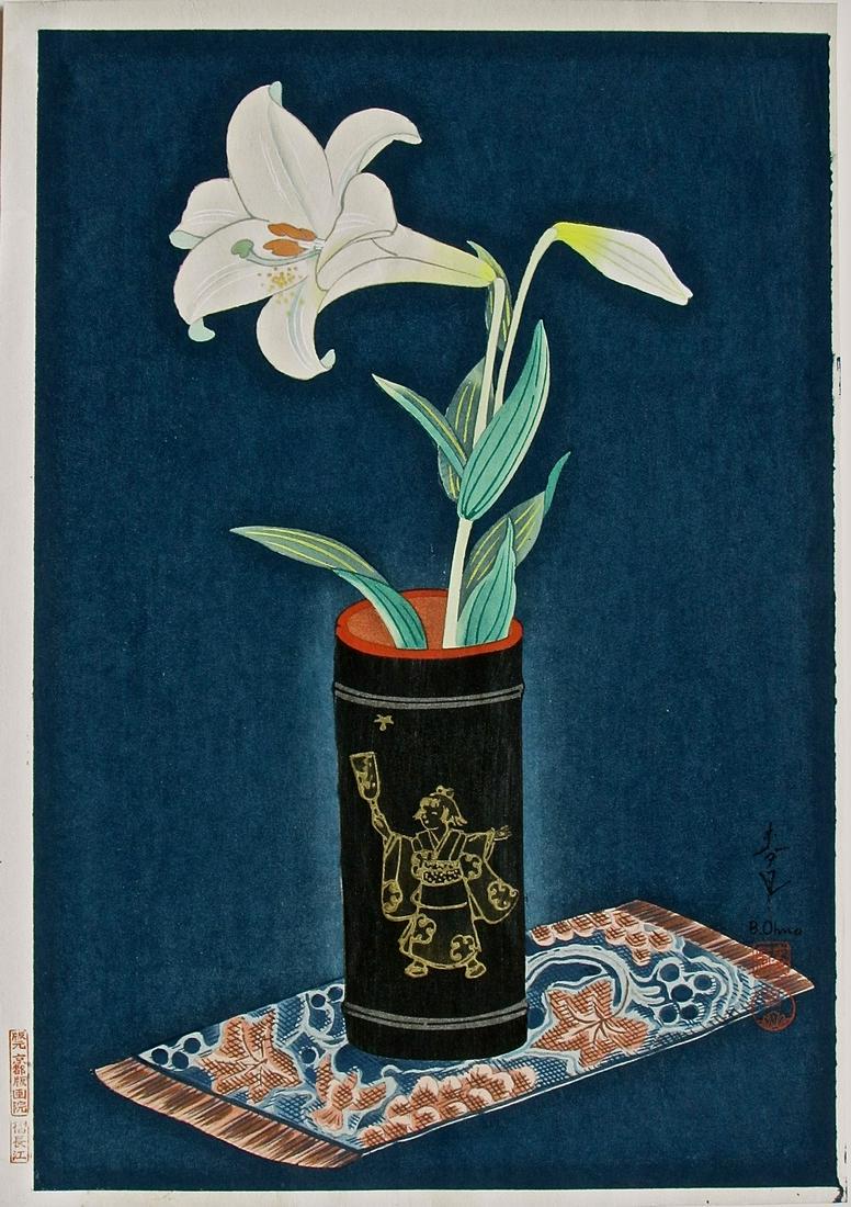 Ohno: White Lily: Artist: Bakufu OHNO Subject: White lily against a dark blue ground Publisher: Kyoto Hanga-In Signature: Bakufu (B. Ohno) Date: c. 1950 Format: dai-ôban, 28.7 x 41 cm Condition: Fine impression, color