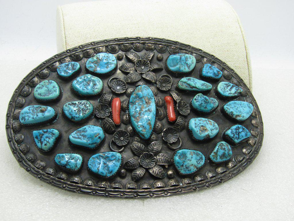 Vintage Navajo Turquoise Coral Belt Buckle, Rare,: Vintage Navajo Turquoise Coral Belt Buckle - Huge and Rare - signed JR for Jerry Roan. This is a huge belt buckle - large oval that is 6.5" wide and 4.25" tall. weight is 194.10grams. It has 21 turquo