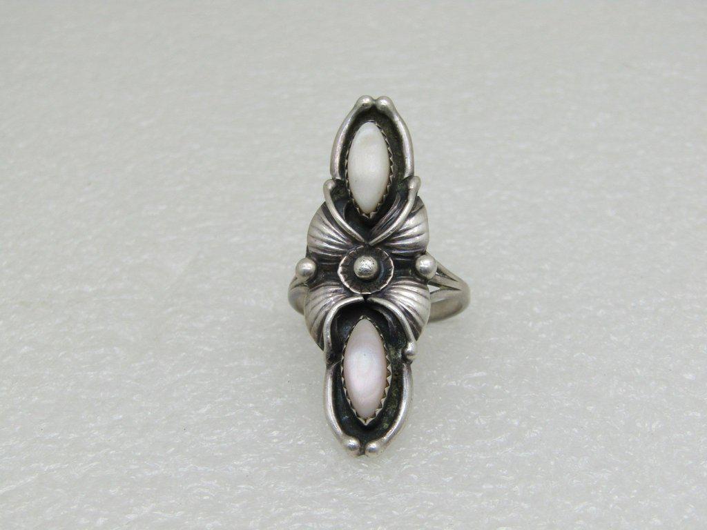 Vintage Sterling Southwestern MOP Ring, Sz. 10, 1.75": Vintage Sterling MOP Shadowbox ring - 1.75" long, size 10. Weight is appx. 6.50 grams. 1970's. Signed G.C. Triple Band split on top at 4.5mm wide that tapers down to 2.5mm at the back of the finger. T