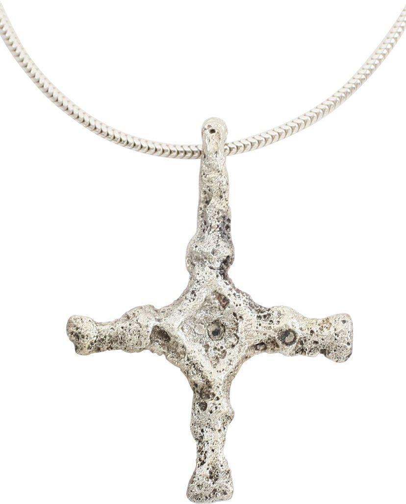 FINE MEDIEVAL CHRISTIAN CROSS 9th CENTURY: Gilt bronze. Over 1 1/8” height. Slender brams, the cross beam centered and each with ball terminals and inner balls at the tips of the central diamond. Surface textured from burial. Professionally 