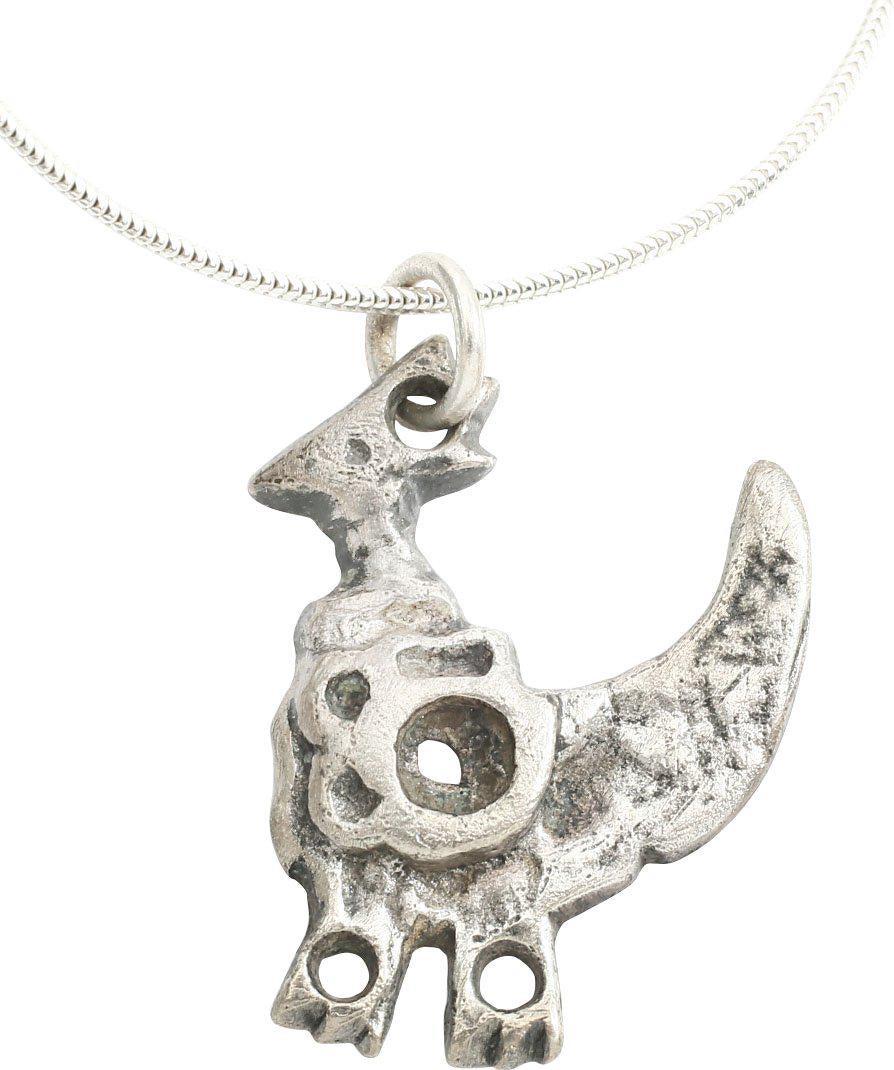 GOTHIC EUROPEAN PENDANT. 14th-16th century AD.: Silvered bronze 1” height as a somewhat comical rooster with raised comb and tail. Conical head with impressed eye. Professionally refurbished with the silver surface restored on modern sterling sil