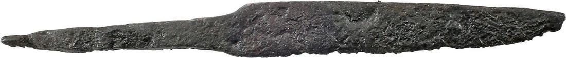 VIKING SIDE KNIFE OR POUCH KNIFE, 866-1067 AD: Danelaw England. 3 1/2” total length. Straight back wedge section blade. Whittle tang for mounting in a wood, bone or antler grip without a guard. These side knives were among the most treasured pos