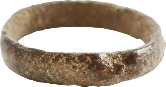 ANCIENT VIKING WEDDING RING C.850-1050 AD SZ 1: No Reserve! Bronze. 2.9mm rounded face band. Size 1 for the small finger as was the custom. Exceptional preservation with fine glossy green patina. Vikings exchanged rings on the pommel of the groom��