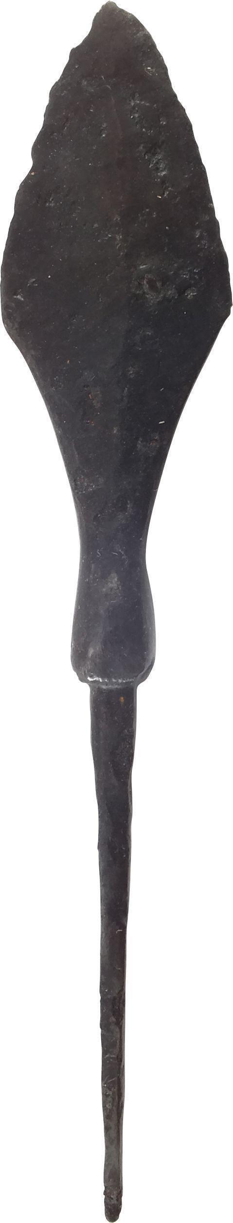 FINE VIKING TANGED ARROWHEAD C.9th-10th CENTURY: Well forged, 3 1/4” length of thick construction intended for war raiding where the opponents would be marginally protected by padded jerkins. Diamond form point with medial ridge both sides. Flared