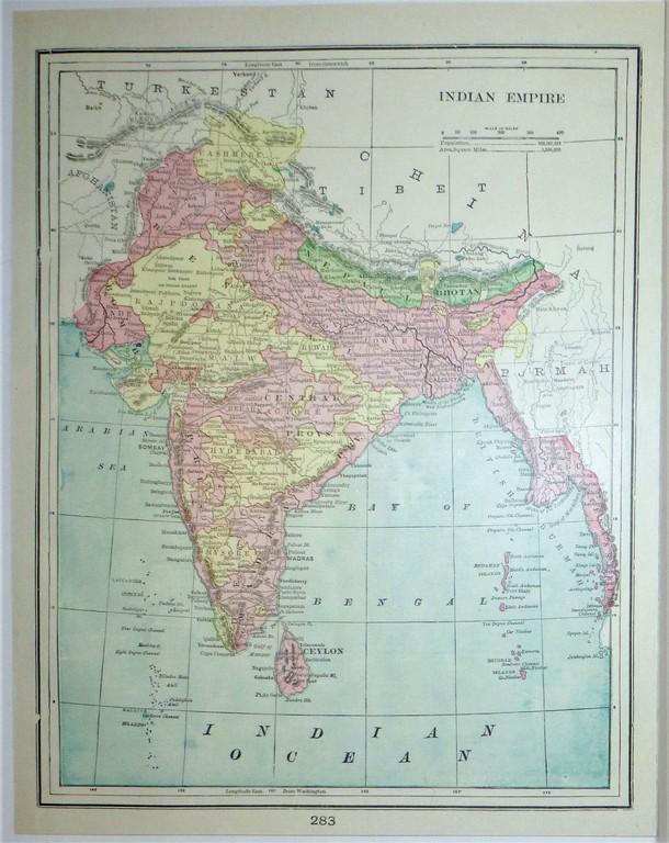 Indian Empire, 1901: Title/Content of Map: Indian Empire Date Printed: 1901 Material/Medium: paper Size: approx. 10x13 inches The National Standard Family & Business Atlas of the World. Published by Thompson & Thomas (For