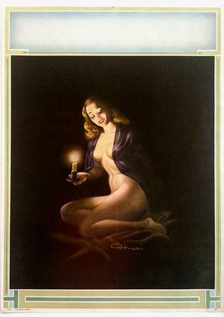 VINTAGE c1956 PIN UP GIRL D' AMARIO CANDLE LIGHT PRINT, (1 of 2)