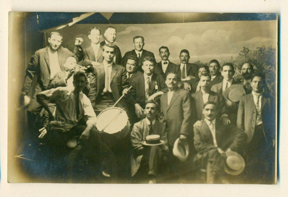 c1920 LARGE GROUP of MEN w ANTIQUE CAR & DRUM by (1 of 2)