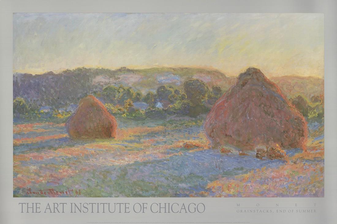 Claude Monet: Grainstacks, End of Summer: Grainstacks, End of Summer by Claude Monet, 1990 Unsigned Offset Lithograph. Paper size is 24 x 36 inches, with an image size of 19.75 x 33.25 inches. The Offset Lithograph is from an unknown edition