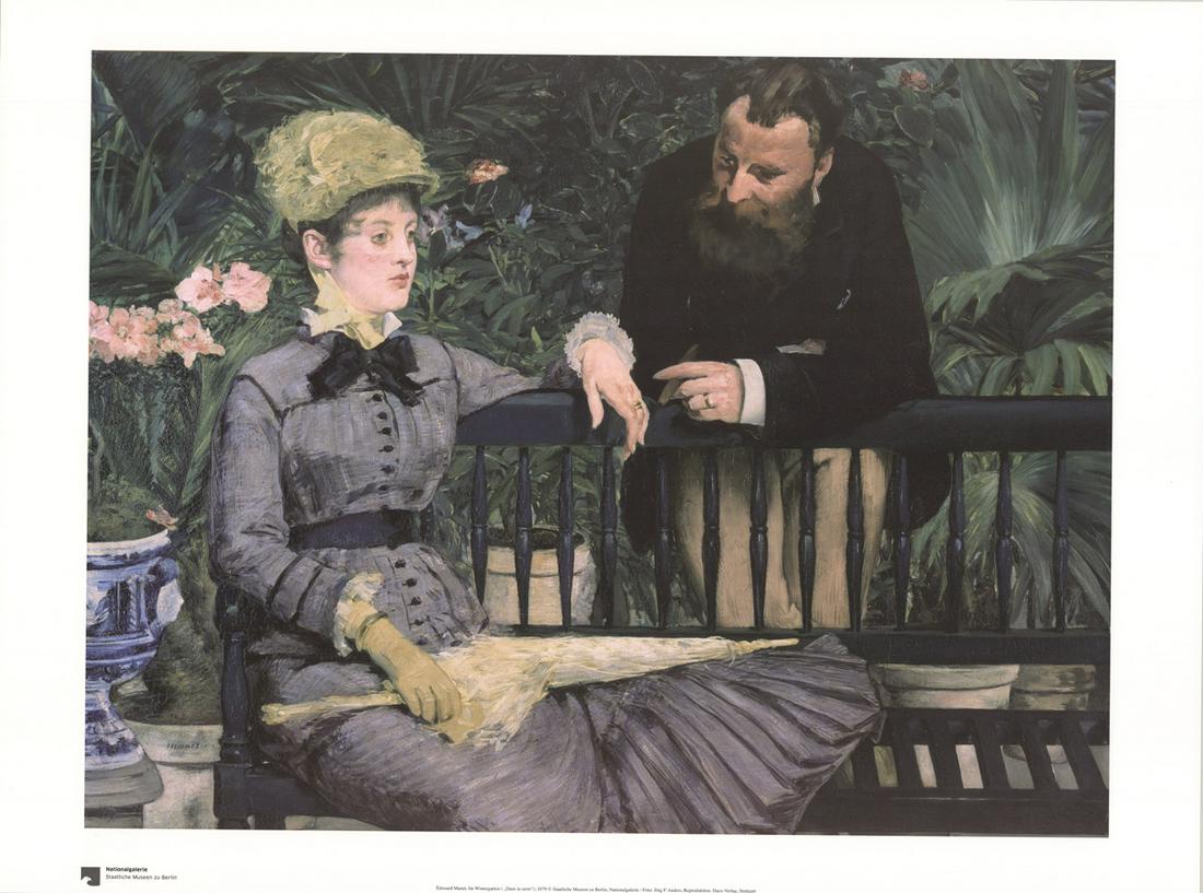 Edouard Manet: In Winter Garden: In Winter Garden by Edouard Manet, Unsigned Offset Lithograph. Paper size is 23.75 x 31.5 inches, with an image size of 20.25 x 26.75 inches. The Offset Lithograph is from an unknown edition size. and