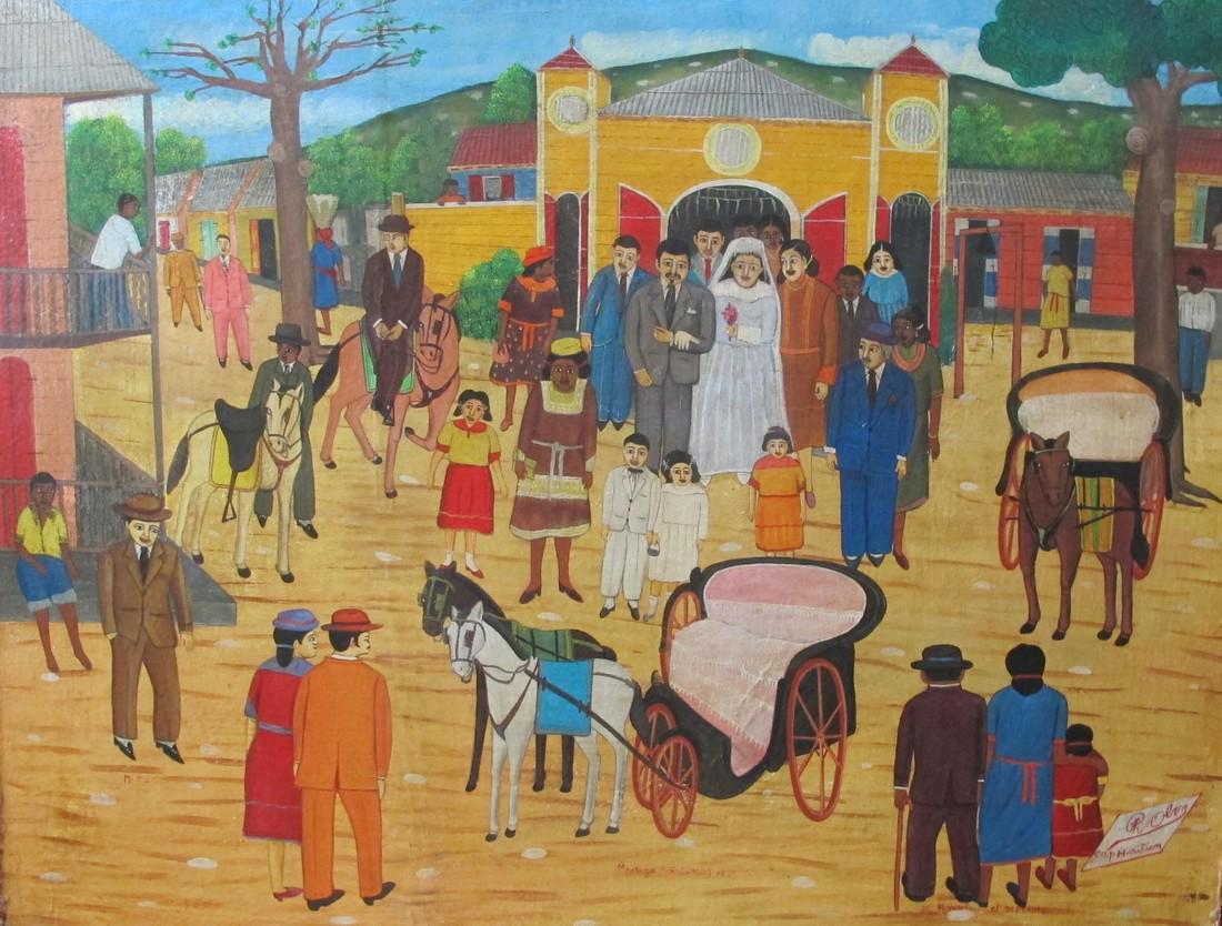 Philome Obin Haitian/Cap-Haitien, 1892-19: "Le Mariage": Artist: Philome Obin (Haitian/Cap-Haitien, 1892-1986) Title: "Le Mariage" the wedding Medium: Oil / Masonite Dimensions: 38" X 29" Philome Obin (Haitian/Cap-Haitien, 1892-1986), "le mariage" the weddi
