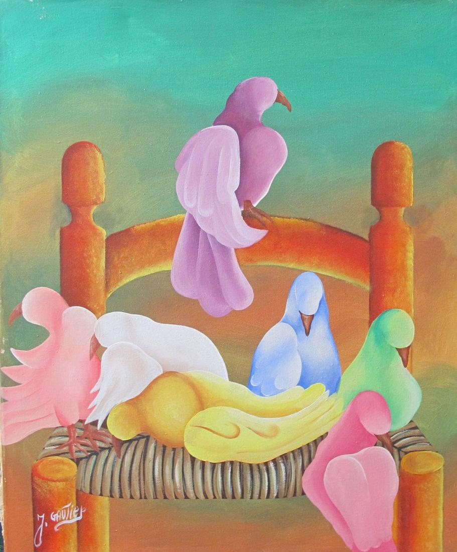 Joel Gauthier (Haitian): Colorful Pigeons: Artist: Joel Gauthier (Haitian) Title: Colorful Pigeons Medium: Acrylic / Canvas Dimensions: 24" X 20" Joel Gauthier (Haitian b.1955) , well known by collectors. Colorful Pigeons. Reserve: $100.00 Shi