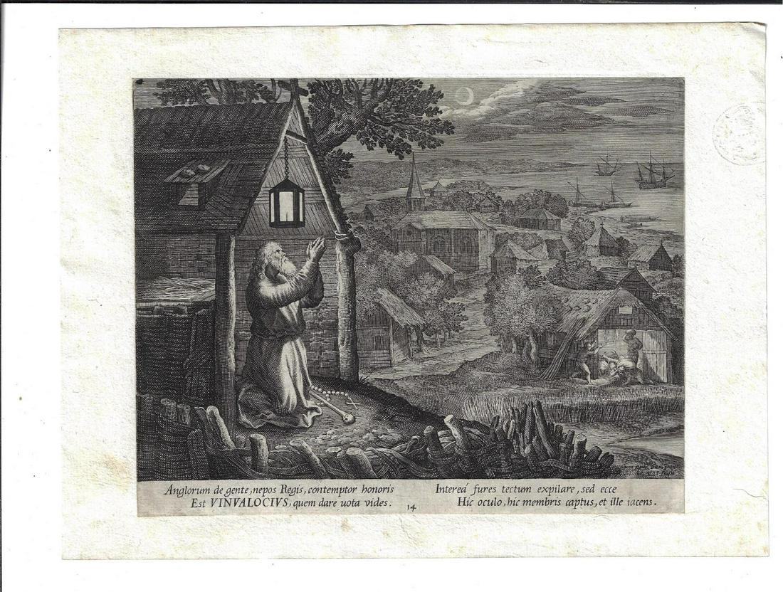 1600 Sadeler Engraving of Hermit Vinvalocius: Engraving of Raphael Sadeler (1560-1632) and Maarten de Vos (1532-1603) of the hermit Vinvalocius, 1600, from "Oraculum Anachoreticum". Mounted to paper, Fine, the engraving measures 8.25 x 7". Reserv