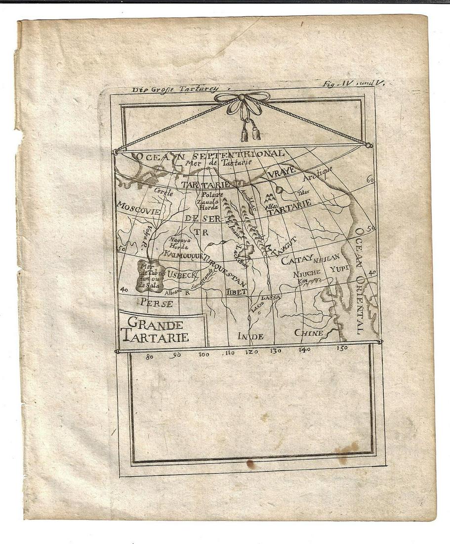 1719 Mallet Map of Grande Tartarie: 1719 Manesson Mallet Antique Map Grande Tartarie, Russia, China, Korea, Tibet, published by Johann Adam Jung. Fine condition, measures 6.25 x 8”. Reserve: $30.00 Shipping: Domestic: Flat-rate of $5.