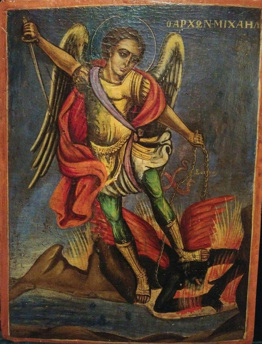 Antique Greek 19c Icon of St.Mihail: STUNNING GREEK ANTIQUE 19c ORTHODOX ICON OF ST.MIHAIL SIZE ;H : 13 1/2 x 10 1/4 INCHES. Reserve: $750.00 Shipping: Domestic: Flat-rate of $40.00 to anywhere within the contiguous U.S. International: F