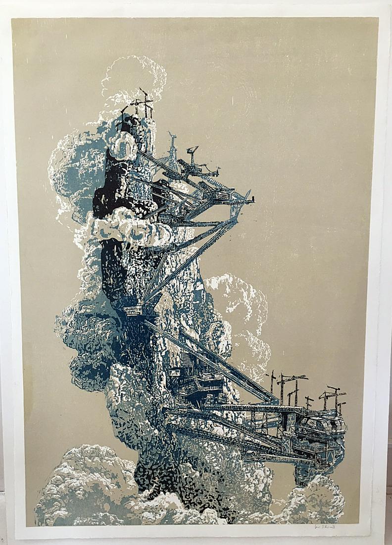 Kai Schiemenz: Ferropolis 2011: Artist: Kai Schiemenz Title: Ferropolis 2011 Medium: Large three color woodcut on heavy zerkall butten paper Dimensions: 54" x 39" Color woodcut Reserve: $500.00 Shipping: Domestic: Flat-rate of $30.