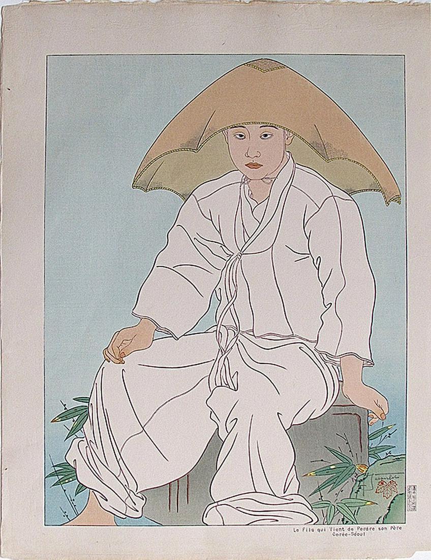 Jacoulet : Le Fils qui Vient de Perdre son Pere: Artist: Paul JACOULET (1896-1960) Subject: Le Fils qui Vient de Perdre son Père., Corée-Séoul Publisher: Self-published Signature: Paul Jacoulet in pencil with Ivy seal, 86/350 Carver/Printer: Maed