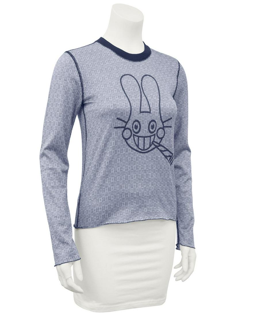 Lucien Pellat Finet Navy Long Sleeve Top with bunny: Long sleeve cotton shirt from the spring/summer 2003 Lucien Pellat-Finet collection. Small navy and white graphic print. Navy blue collar and top stitching. Large navy blue cartoon bunny graphic print