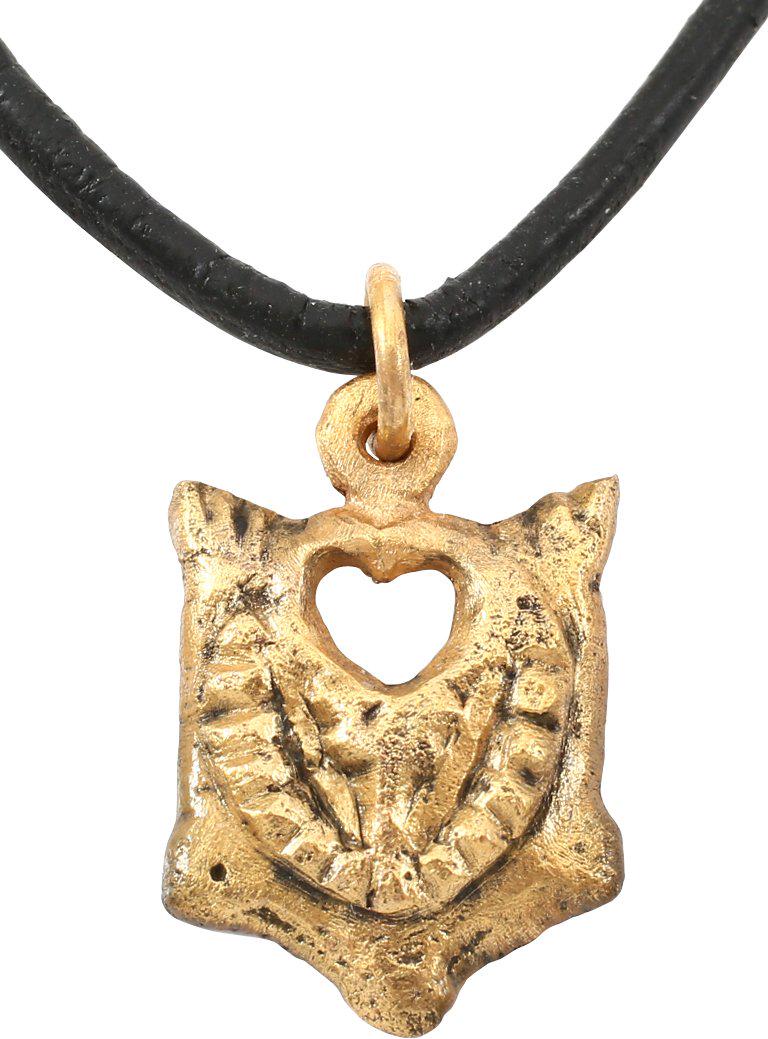 VIKING HEART PENDANT NECKLACE 900-1050 AD JEWELRY: Just over ¾” height, made by the open face mold method. Pierced with a heart in evolved form with cusped top, surrounded by a beaded wreath. The sixth points with pointed peaks, perhaps representin