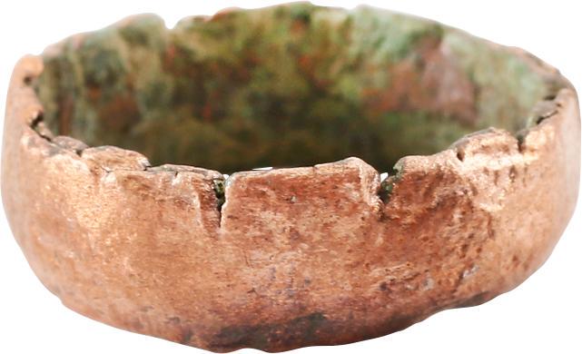 RARE ANCIENT COPPER VIKING RING, 900-1050 AD SZ 4 1/4: No Reserve! Size 4 1/4. Exceptionally wide band, 5.6mm, with rounded face. Mottled red/brown patina. Vikings were expert metallurgists. The use of pure copper is rare and suggests a supernatural signi