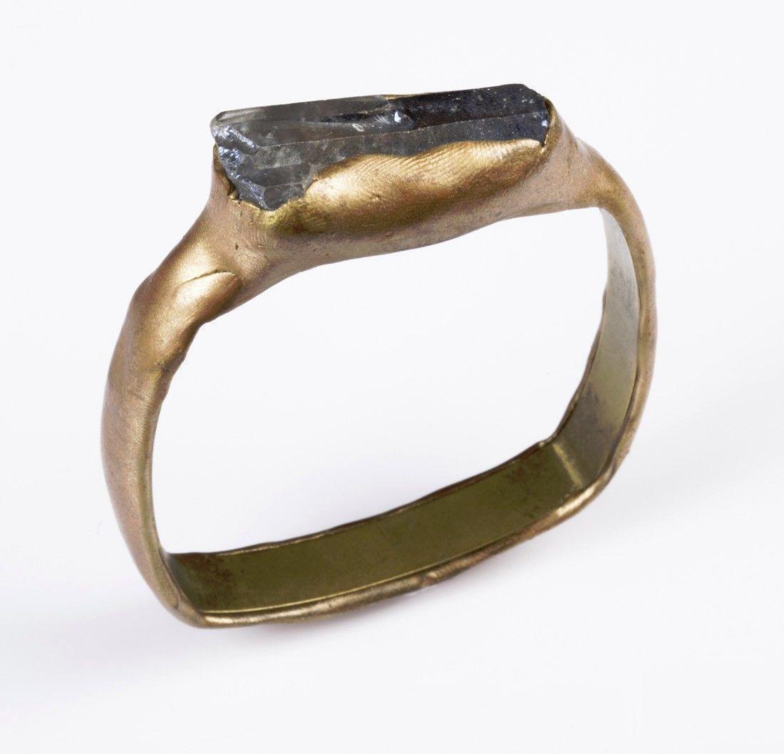 Clay and Brass Aqua Aqua Quartz Bangle Bracelet: Fun and one of a kind handmade bracelet.... Circa 1970's.... Brass bangle base has been covered with clay and set with an aqua aqua quartz crystal.... Bangle is over 3/8” wide and measures 2 ½” b