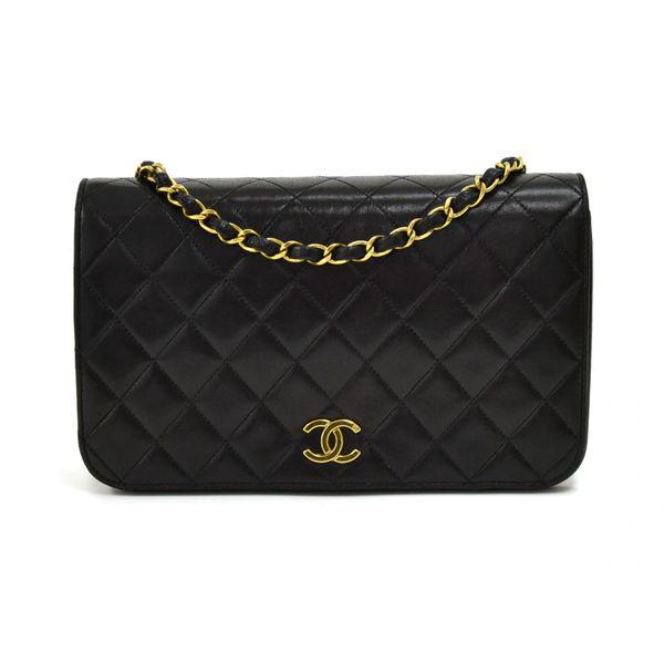 Chanel Vintage Classic Black Lambskin Full Flap: Chanel Vintage Classic Black Lambskin Full Flap Shoulder Bag Vintage Chanel 9" Classic Ex Black Quilted Leather Shoulder Flap Bag, This Classic Chanel offers a full front flap with the CC stud closure