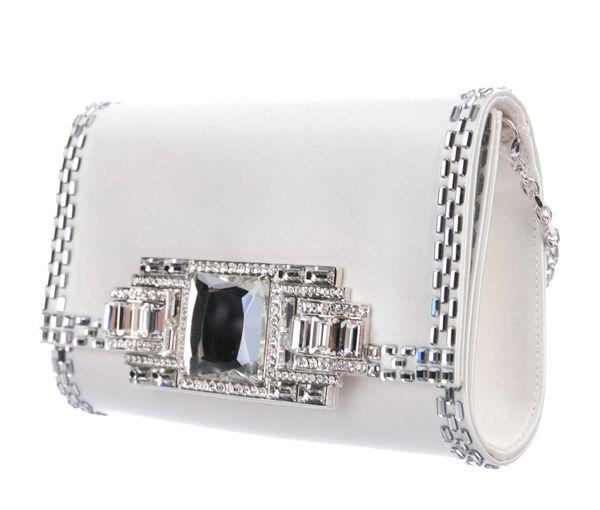 Judith Leiber Satin White Crystal Wedding Clutch: White satin Judith Leiber Crystal Embellished Crossbody with silver-tone hardware, single optional chain-link shoulder strap, crystal embellishment at perimeter and front flap, pale blue nylon lining,