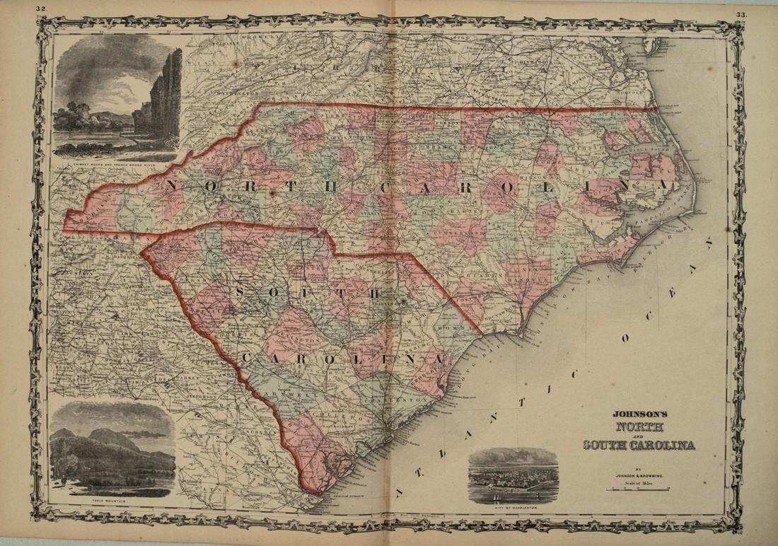 1862 Johnson Map of North and South Carolina --: Title/Content of Map: 1862 Johnson Map of North and South Carolina -- Johnson's North and South Carolina Date: 1864, New York Cartographer: Johnson & Browning Size: 17.3 x 24 in. This is an excellent,