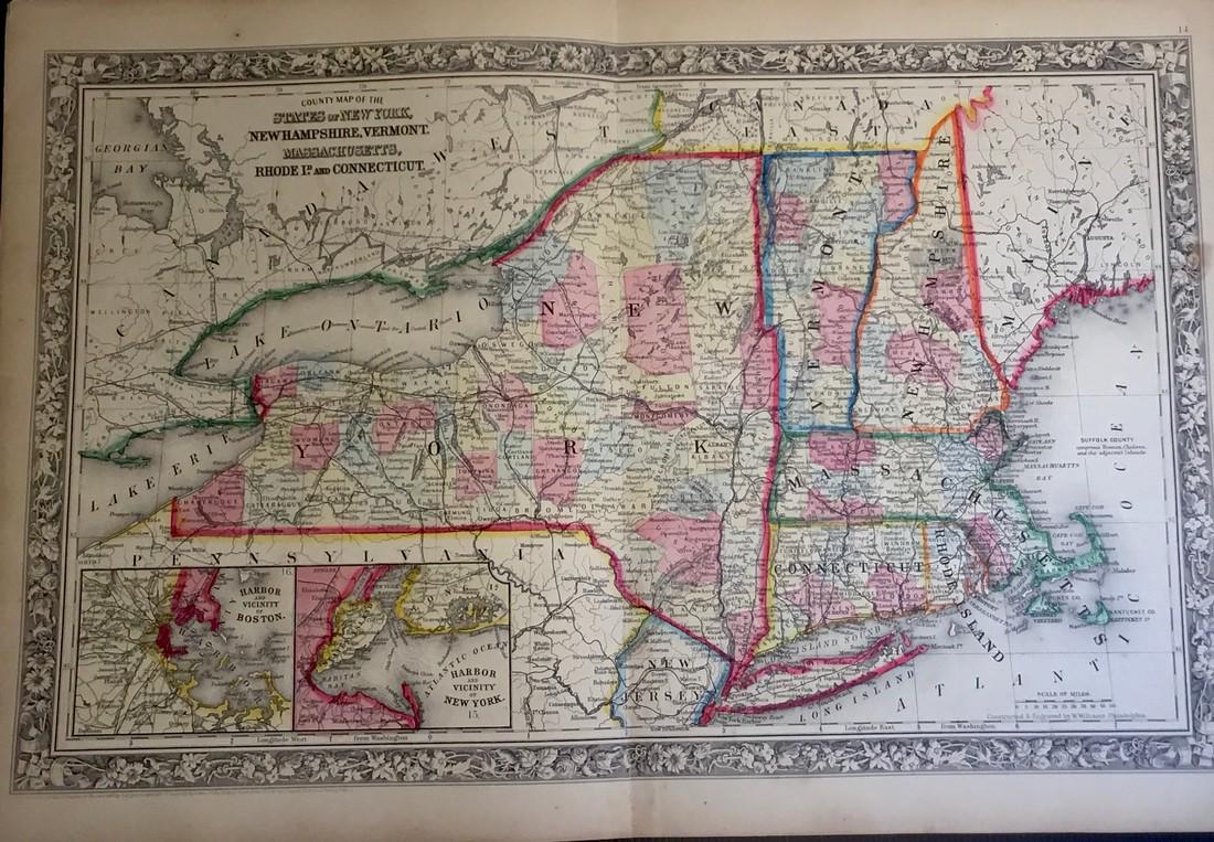 New York. & New England: Title: New York. & New England Description: By Augustus S. Mitchell. Hand colored. Date/Period: 1862 Materials: engraved map Dimensions:15 1/2” x 12 1/2 Reserve: $60.00 Shipping: Domestic: Free ship