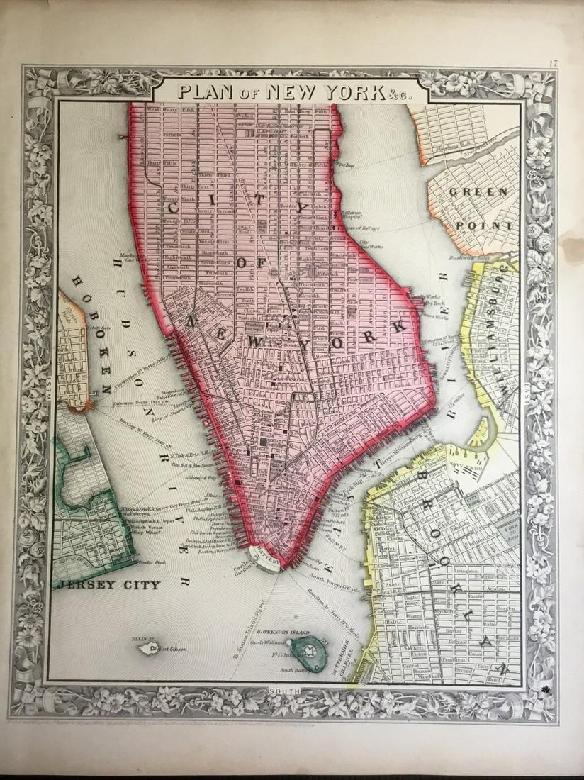 New York City: Title: New York City Description: By Augustus S. Mitchell. Hand colored. Date/Period: 1862 Materials: engraved map Dimensions:15 1/2” x 12 1/2 Reserve: $75.00 Shipping: Domestic: Free shipping to an