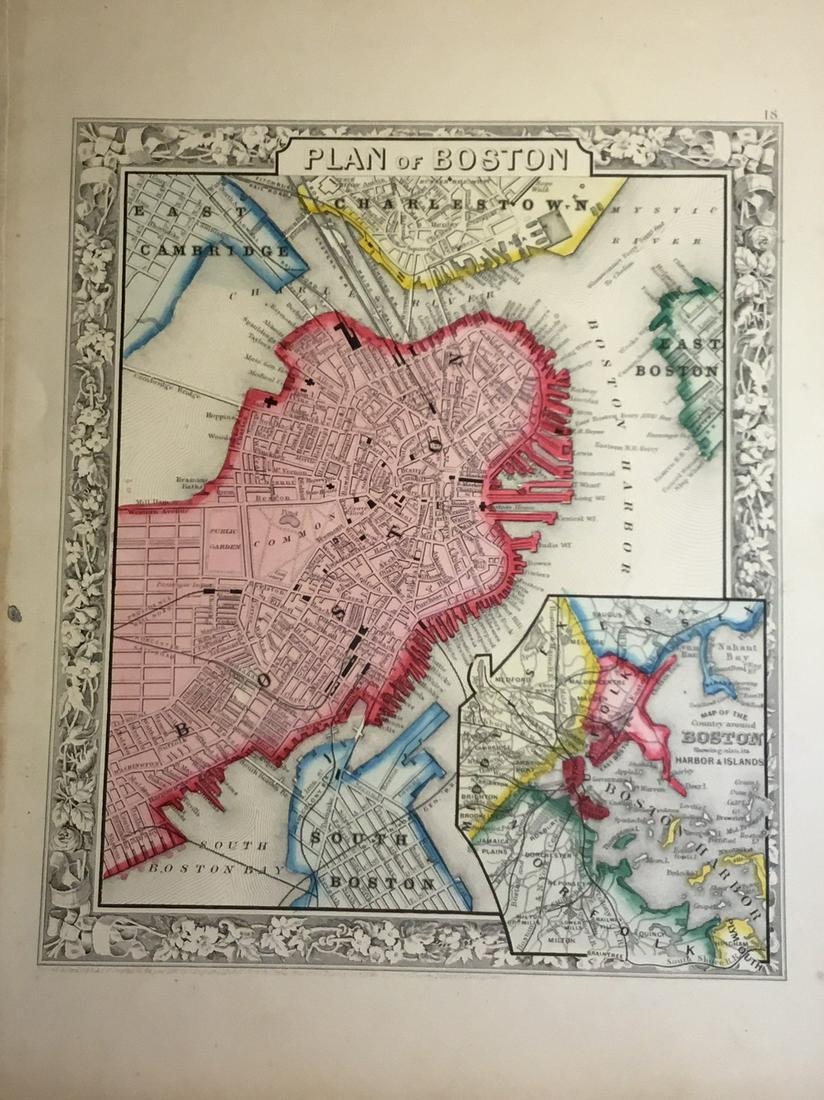 Boston: Title: Boston Description: By Augustus S. Mitchell. Hand colored. Date/Period: 1862 Materials: engraved map Dimensions:15 1/2” x 12 1/2 Reserve: $65.00 Shipping: Domestic: Free shipping to anywhere 