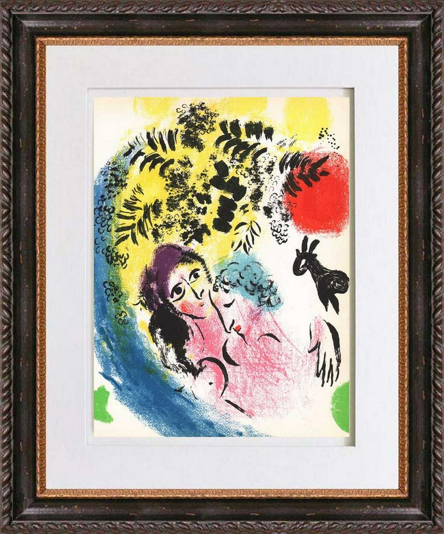Marc Chagall Les amoureux au soleil rouge, Original: Artist: Marc Chagall Country: Russia Title: Les amoureux au soleil rouge Medium: Original Lithograph not signed nor numbered Printed: 1960 by Mourlot, France Paper size: Vellum paper 12.5 x 9.5 inch P